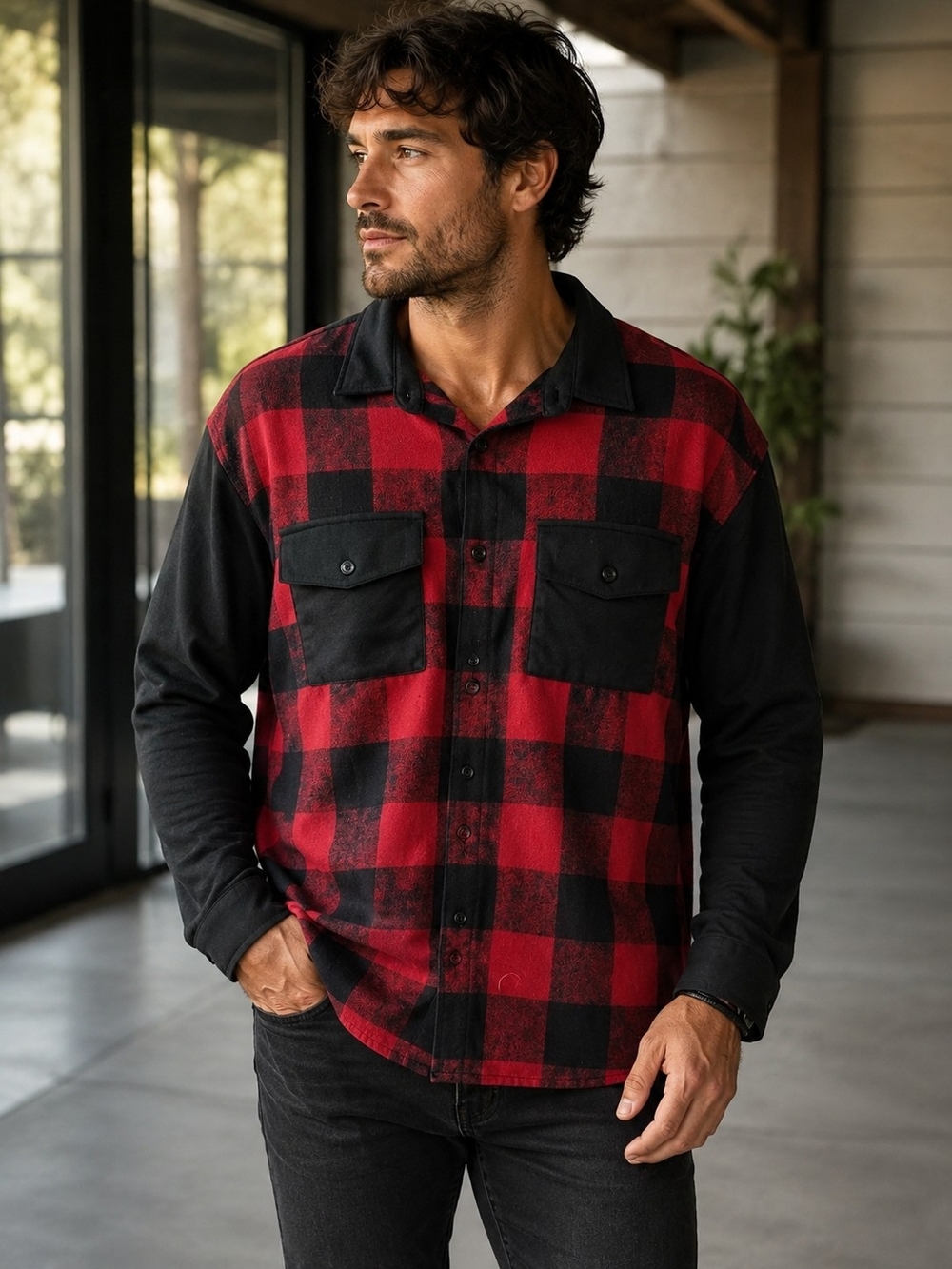 SHEIN Red & Black Plaid Button Shirt